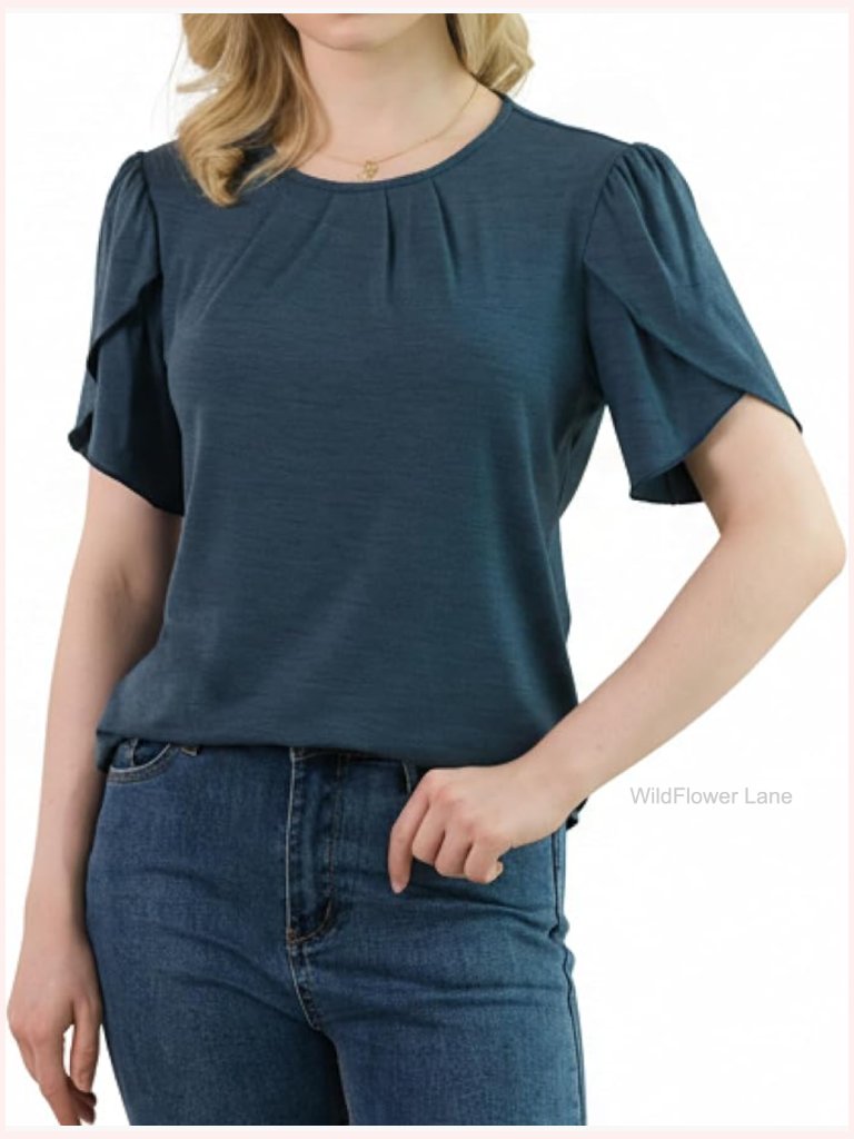 Merino Wool Petal Sleeve T-Shirt Soft Breathable Women's Top Crew Neck